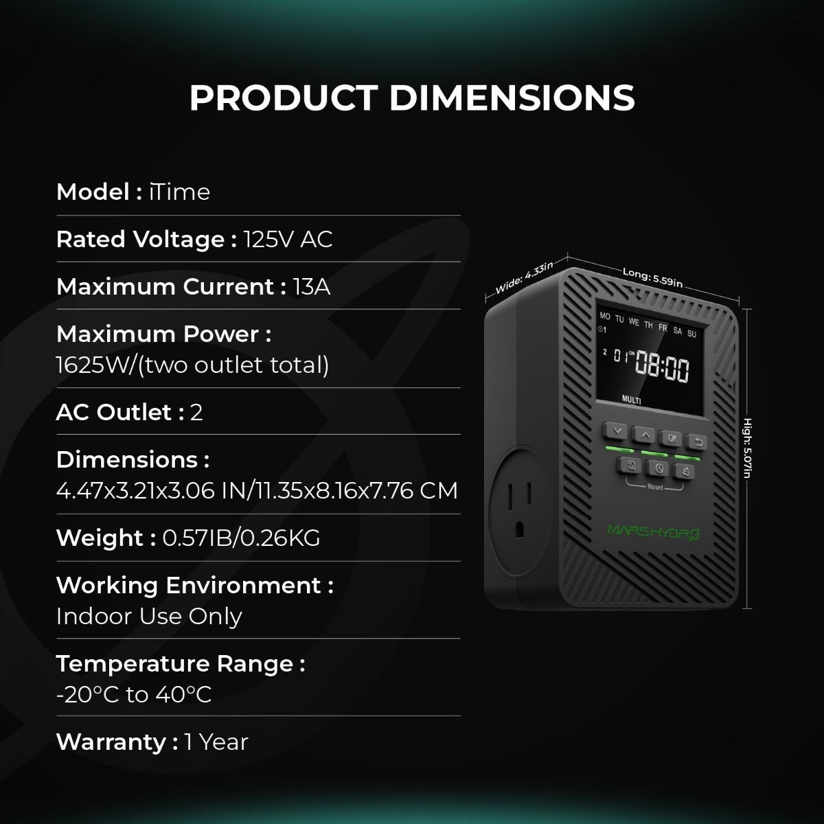 Mars Hydro iTime Dual Outlet Timer Product Dimensions