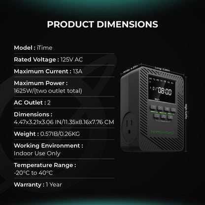 Mars Hydro iTime Dual Outlet Timer Product Dimensions